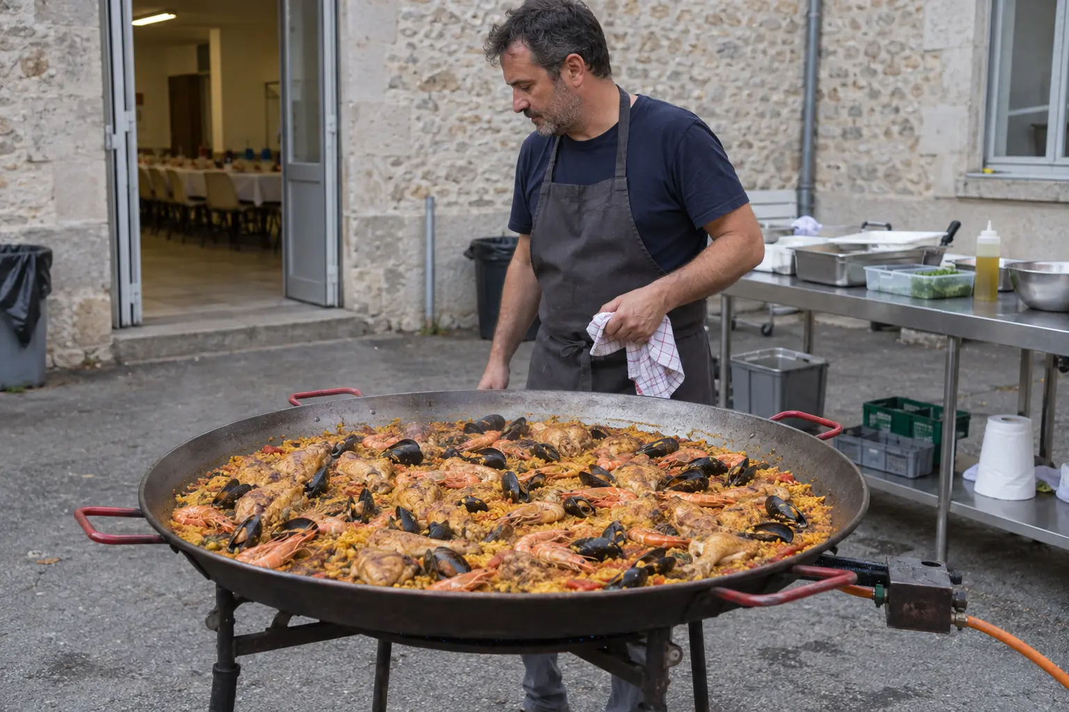 Illustration d'une paella en cours de cuisson à la paellera