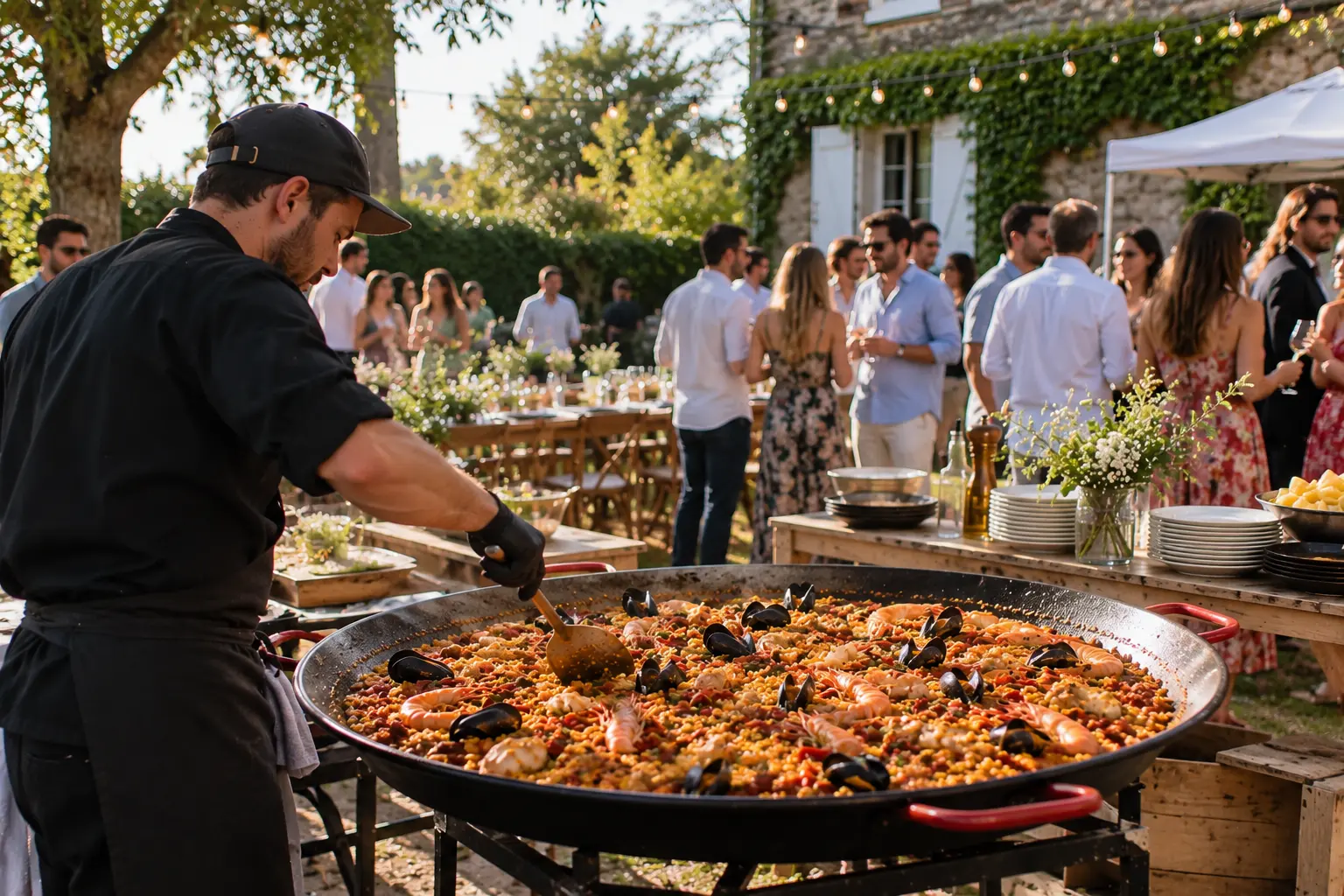 Paella géante cuisinée dans un jardin pendant une fête d'anniversaire