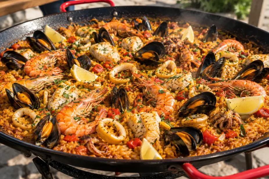 Paella aux fruits de mer, gambas et moules
