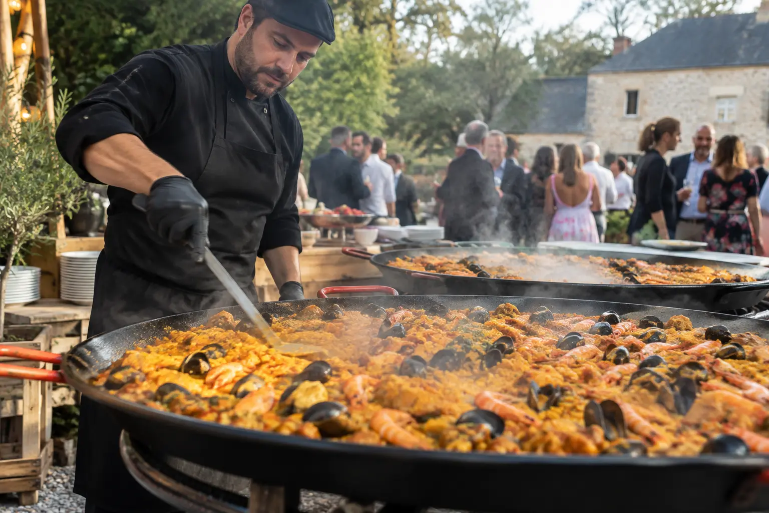 Cuisinier préparant une paella géante aux fruits de mer pendant une réception