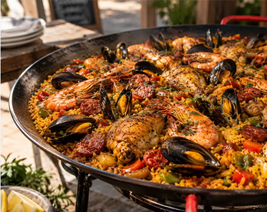 Paella mixte au poulet, chorizo, gambas et moules