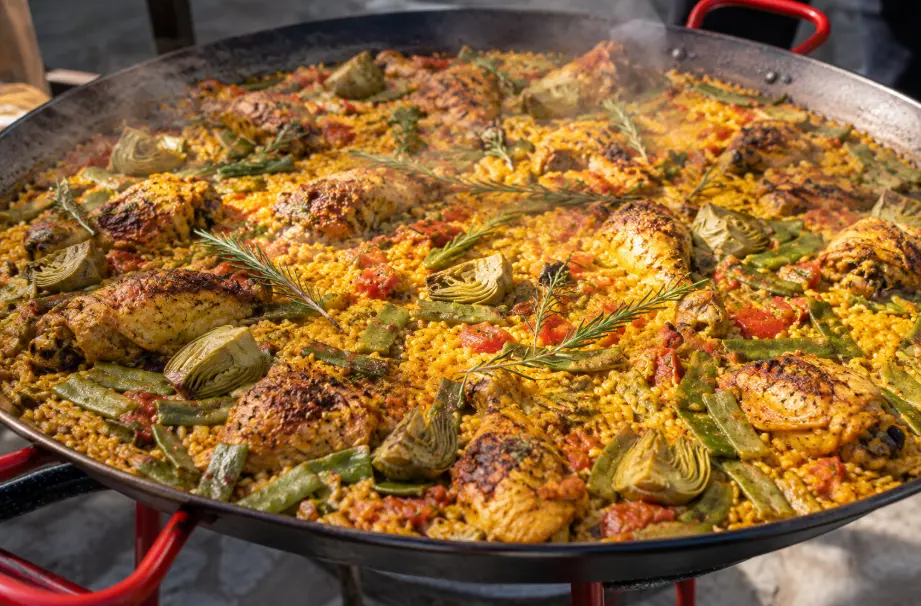 Paella au poulet, artichauts, haricots verts et romarin